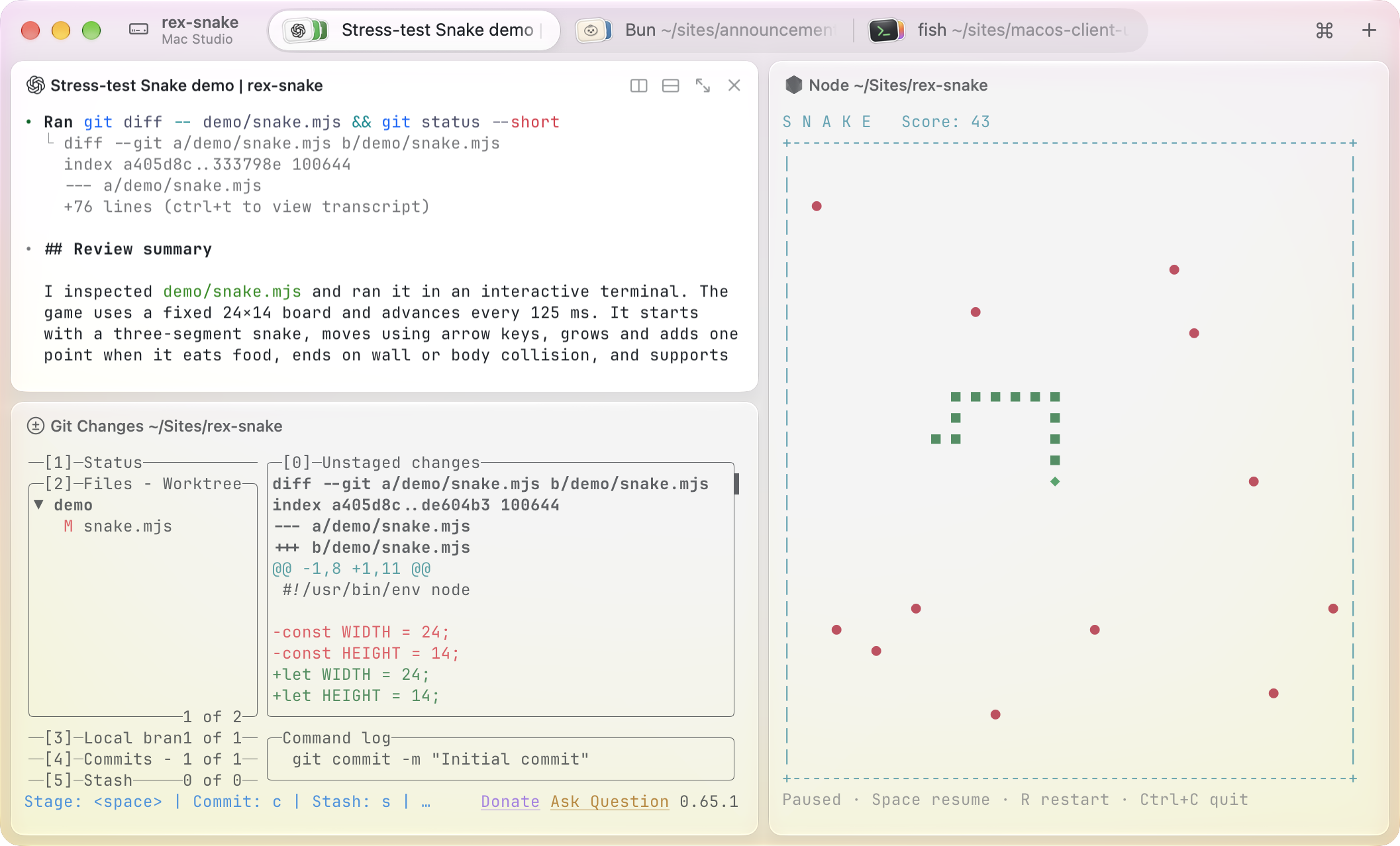 Rex with Codex, lazygit, and a running Snake game in three split panes.